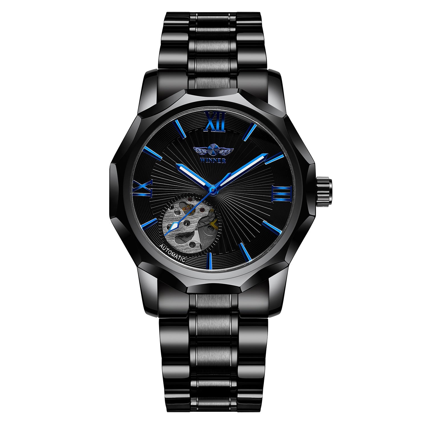 T-Winner Men’s Mechanical Watch – Black & Blue Dial with Stainless Steel Band