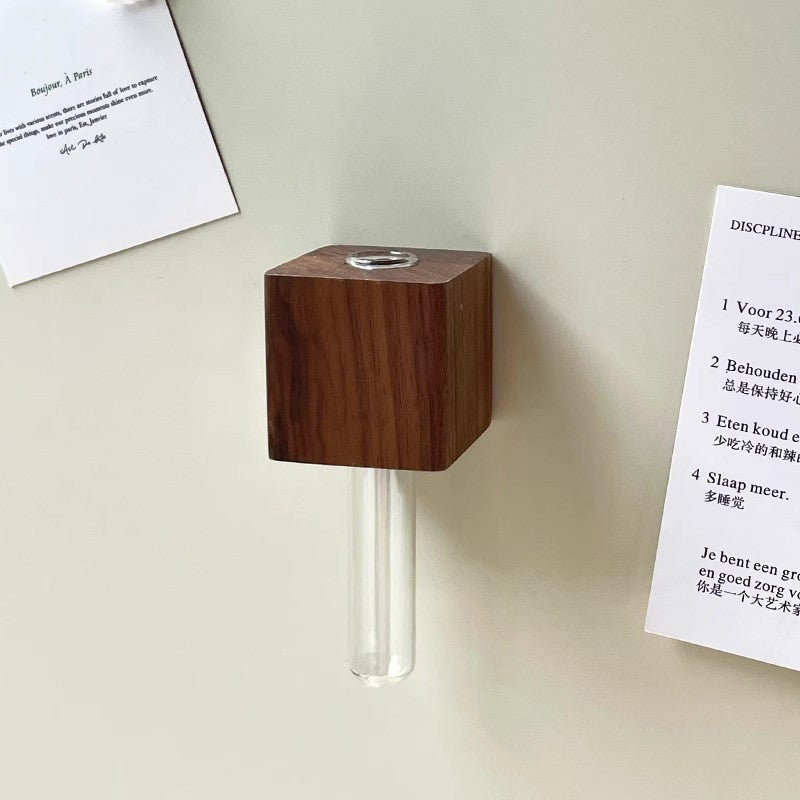 Magnetic Wooden Flower Vase – Test Tube Fridge Decor, Solid Wood Mini Planter
