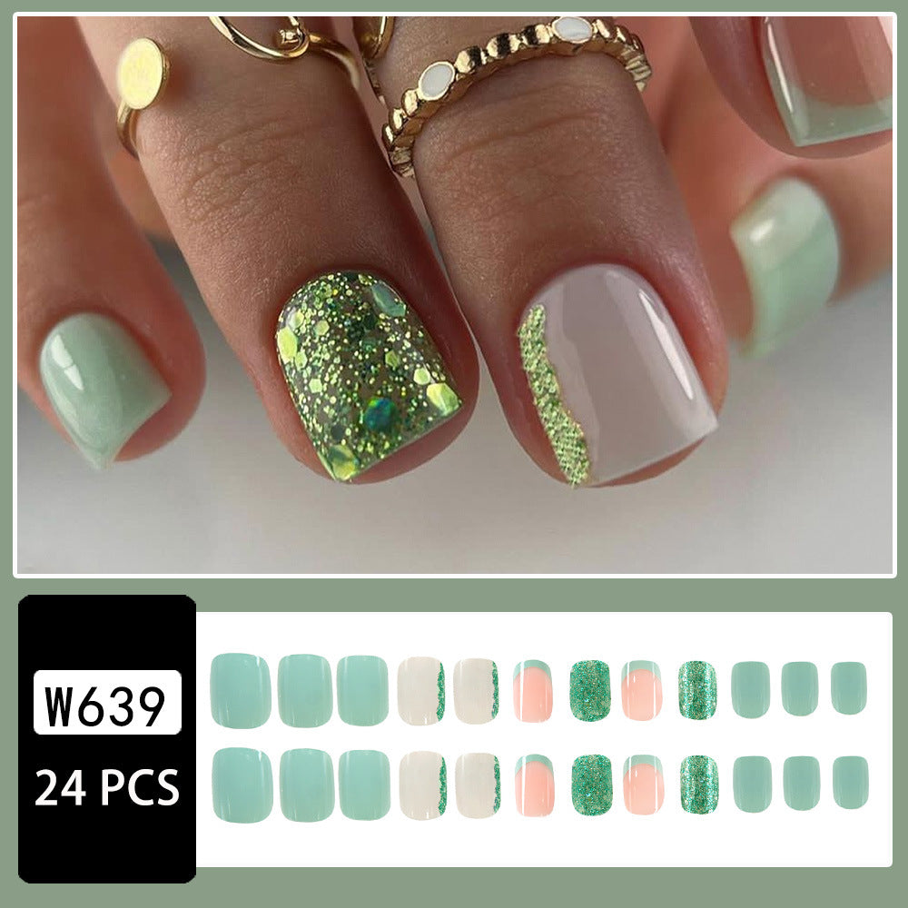 Modern Green French Press-On Nails – Medium Square & Rounded False Nails