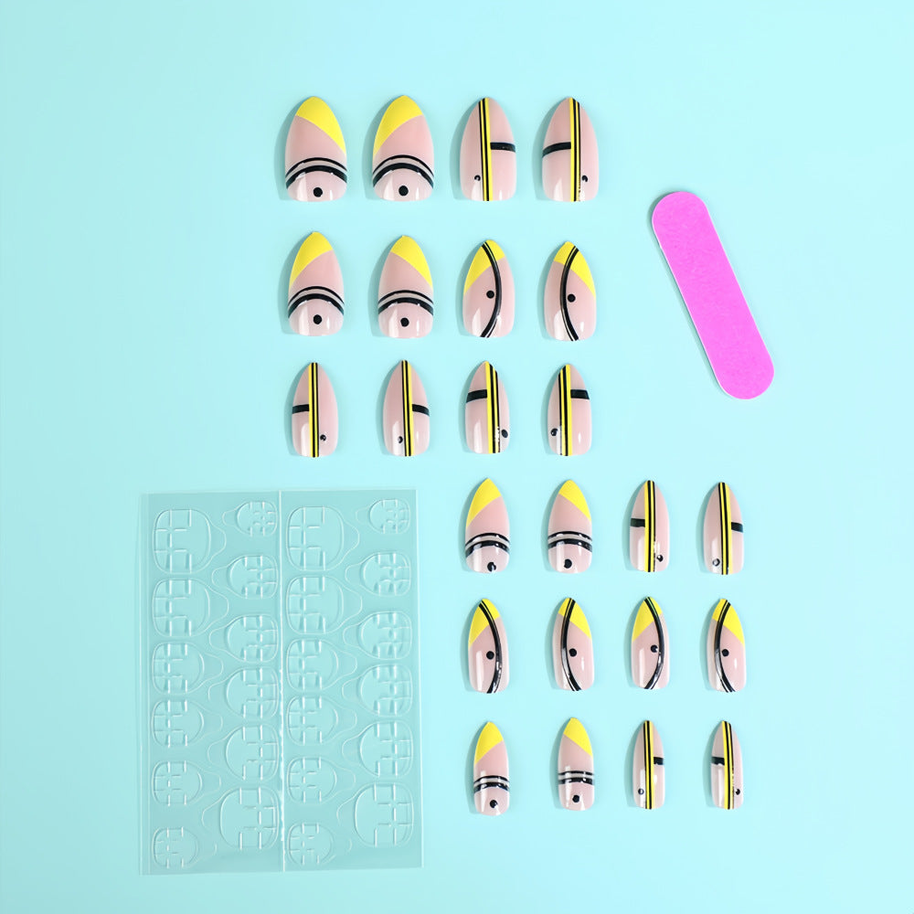 Modern French Tip Almond Press-On Nails – Yellow Nude Geometric Acrylic Set