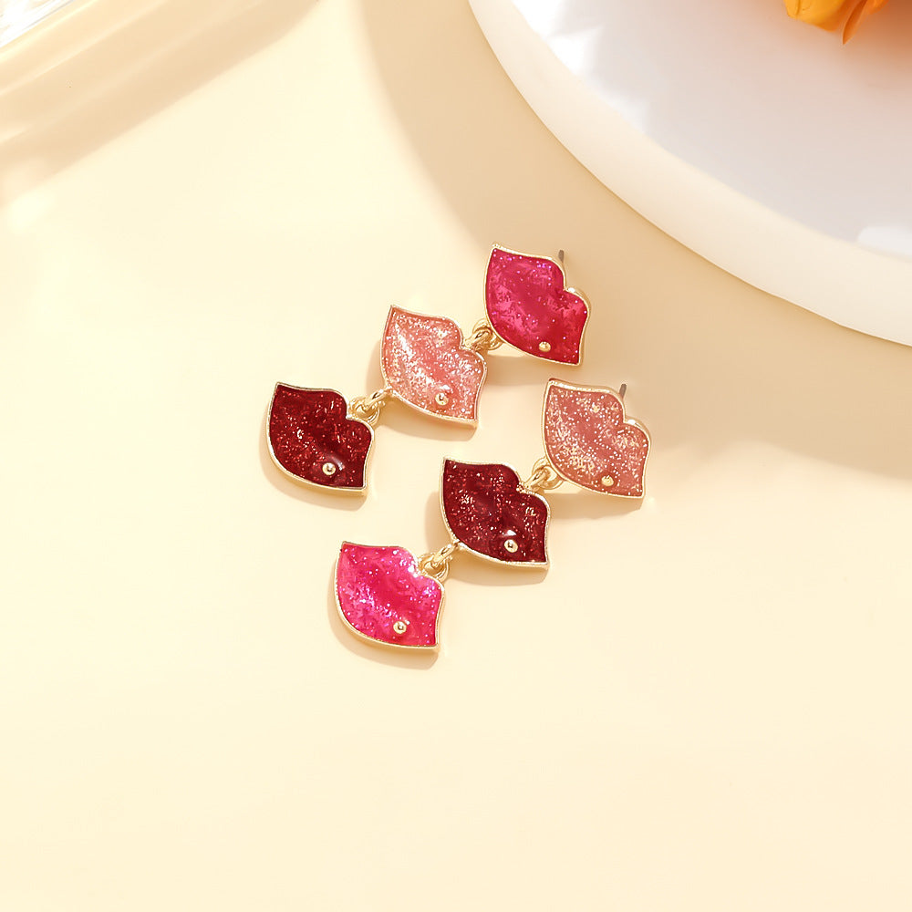 Red Lip Pendant Earrings – Asymmetrical Oil Drip Fashion Jewelry for Women