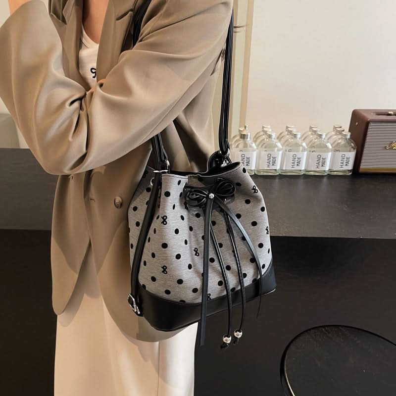 Women’s Canvas Polka Dot Bucket Bag – Drawstring Backpack Bag