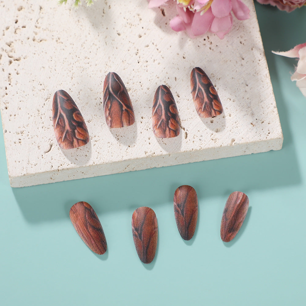Long Stiletto Press-On Nails – Matte Wood Grain Acrylic Nail Art Set