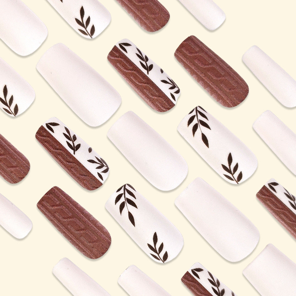 Leaf Press-On Nails – Long Square Matte Acrylic Nail Tips, Earthy Textured Glue-On Set