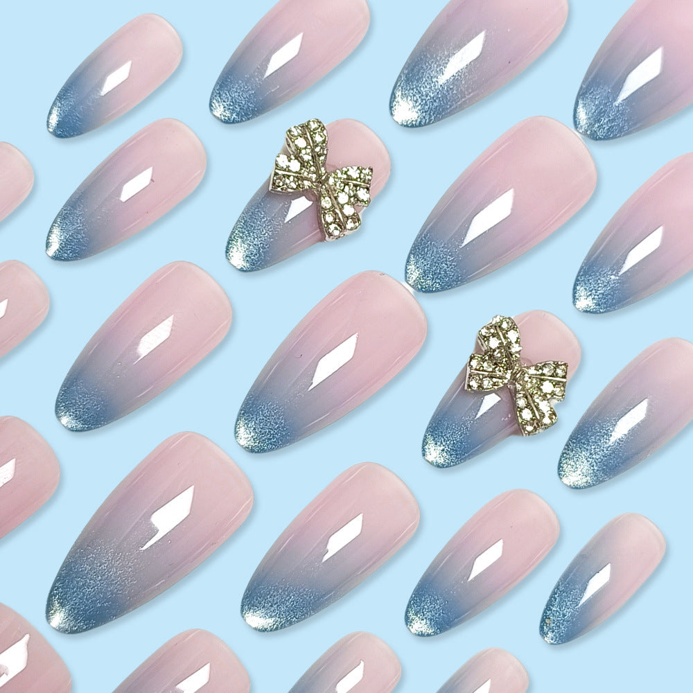 Blue Ombre Glitter Press-On Nails with 3D Bow – Long Stiletto Acrylic Set