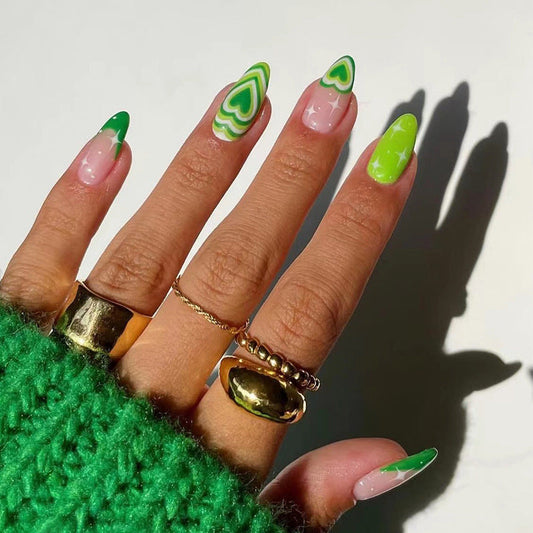 Funky Green Swirl Heart Press-On Nails – Glossy Almond Glue-On Tips