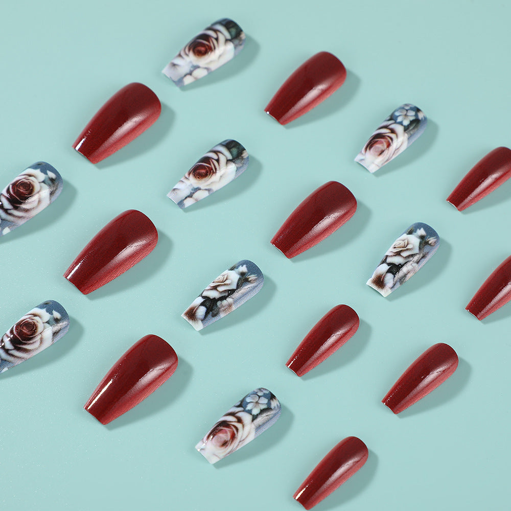 Elegant Square Press-On Nails – Medium Red Rose Floral Design Nails
