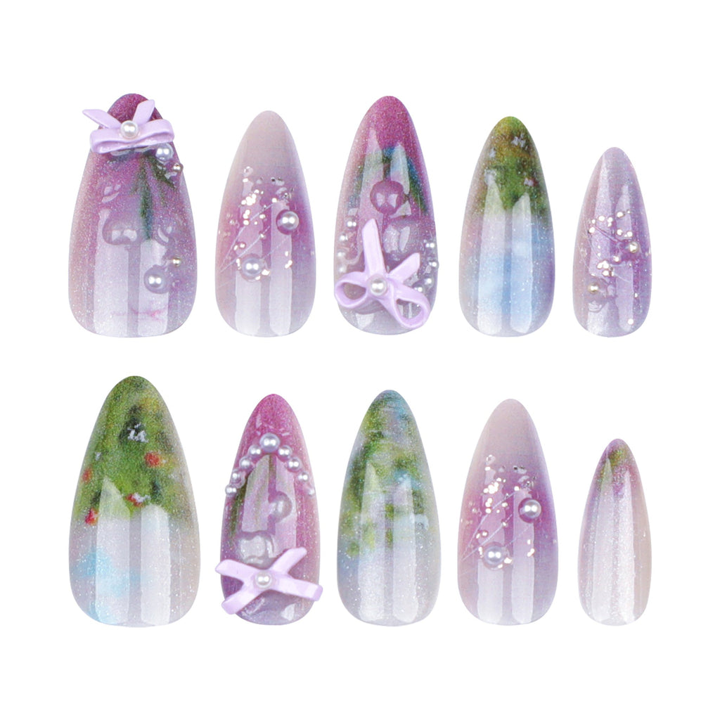 Whimsical Iridescent Almond Press-On Nails – 3D Bow & Pearl, Long Artistic Glue-On Set