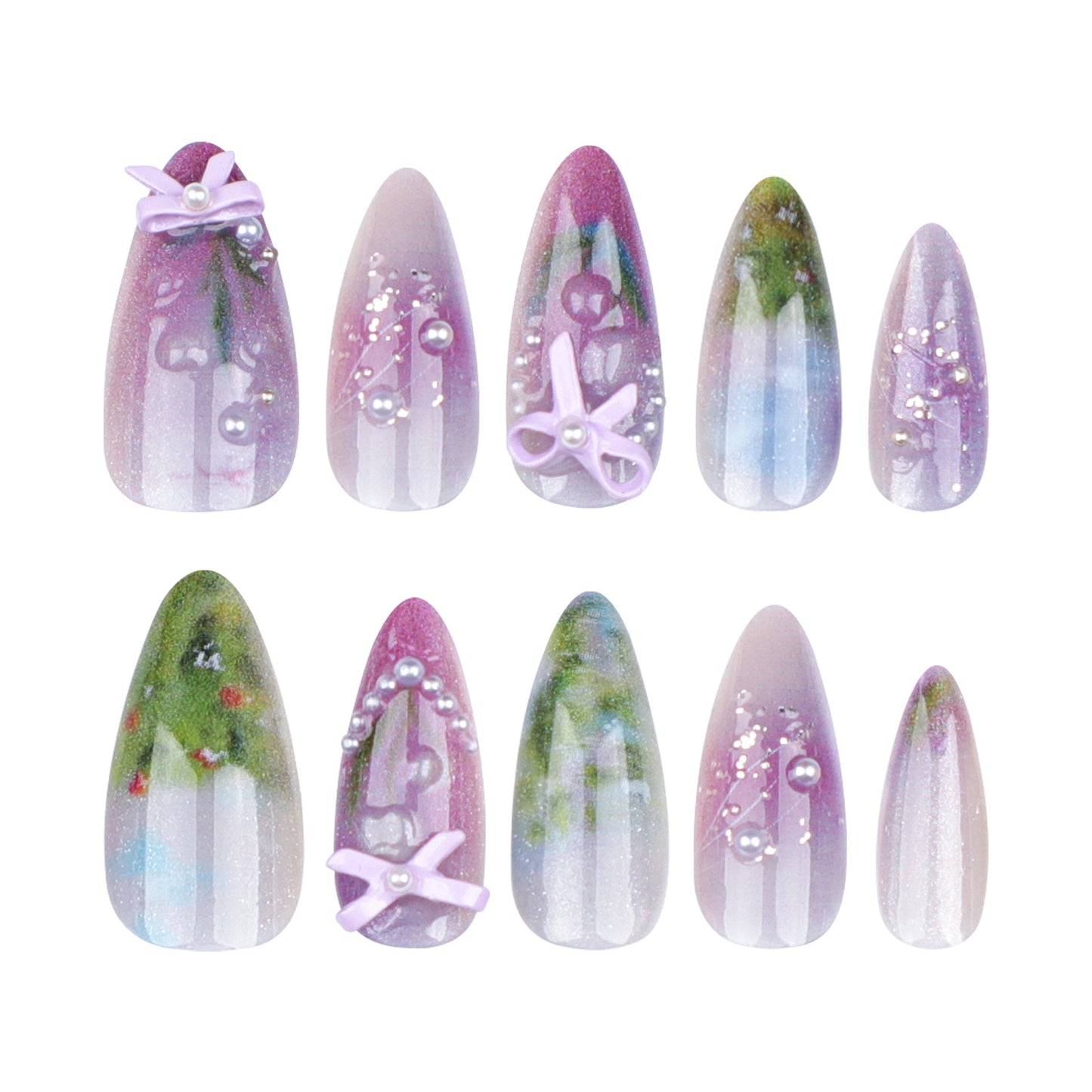 Whimsical Iridescent Almond Press-On Nails – 3D Bow & Pearl, Long Artistic Glue-On Set