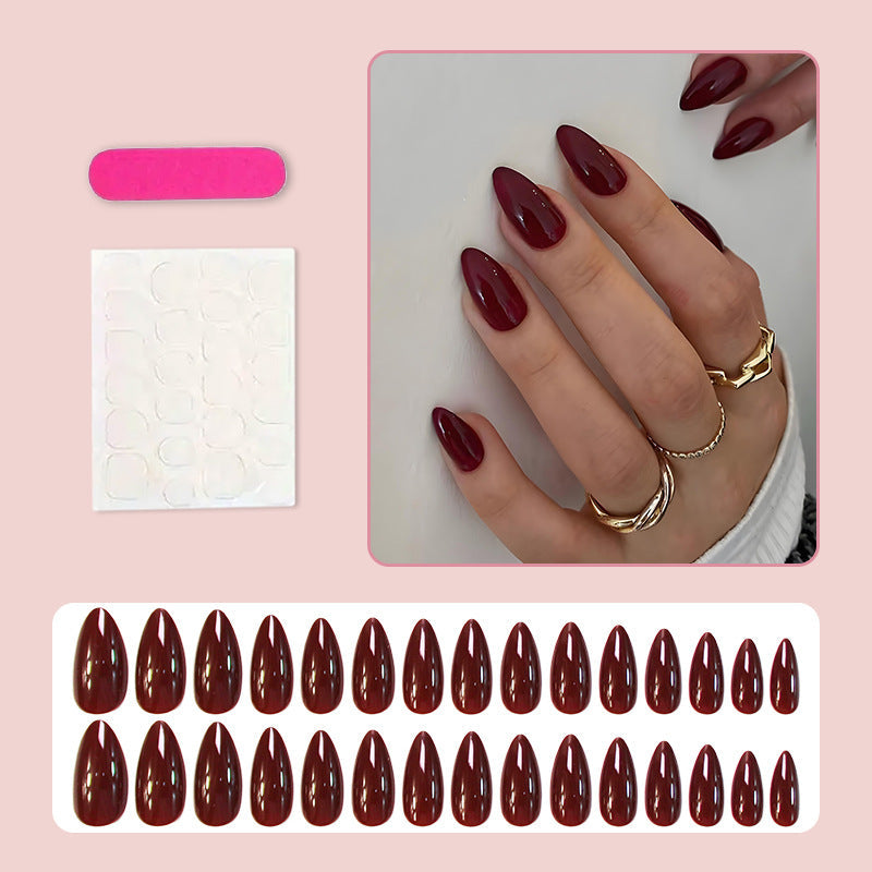 Burgundy Almond Gel Press-On Nails – Elegant Solid Glossy Nail Art, Medium Size