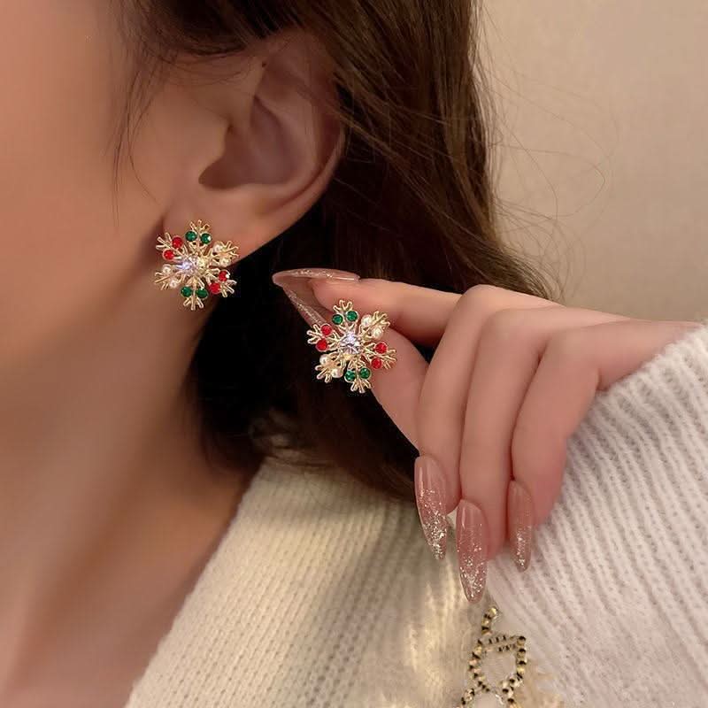 Diamond Snowflake Pearl Christmas Earrings for Women