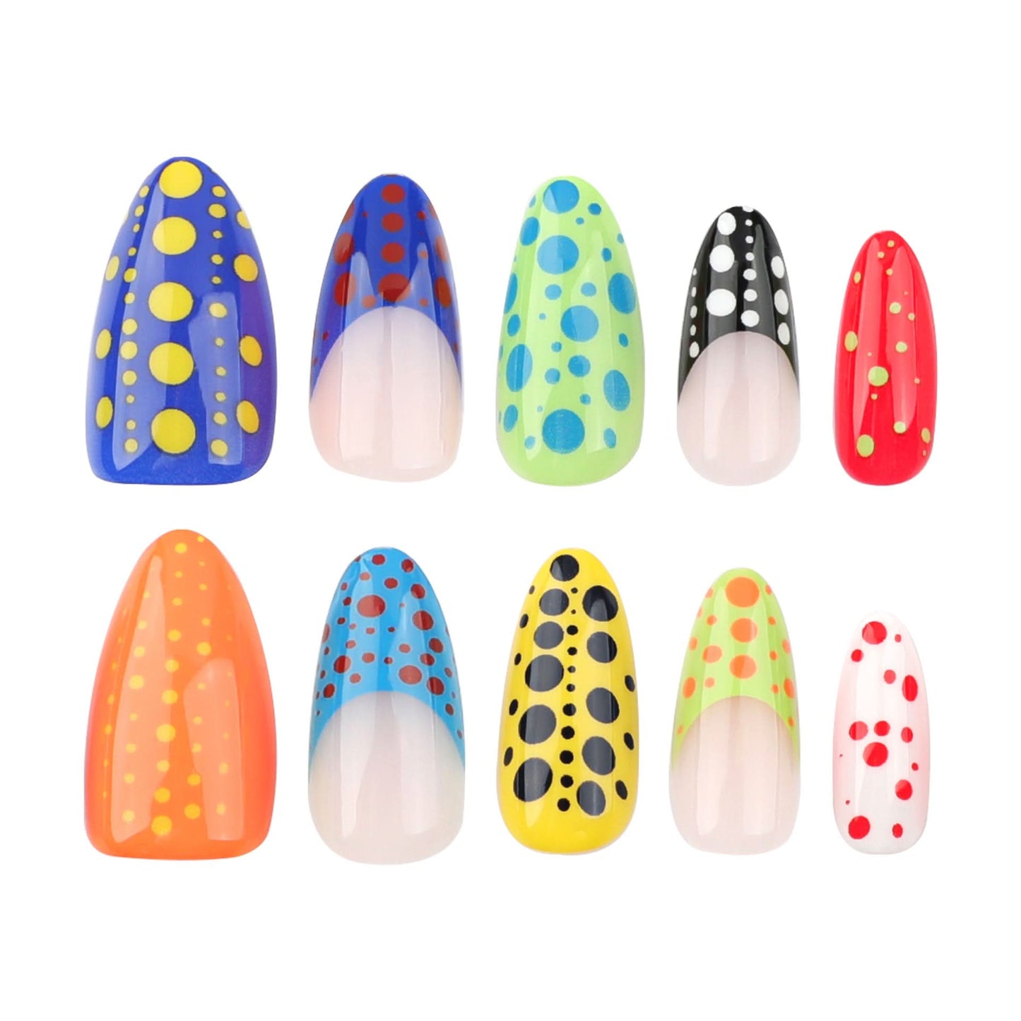 French Polka Dot Press-On Nails – Short Almond Shape, Colorful Nail Art Tips