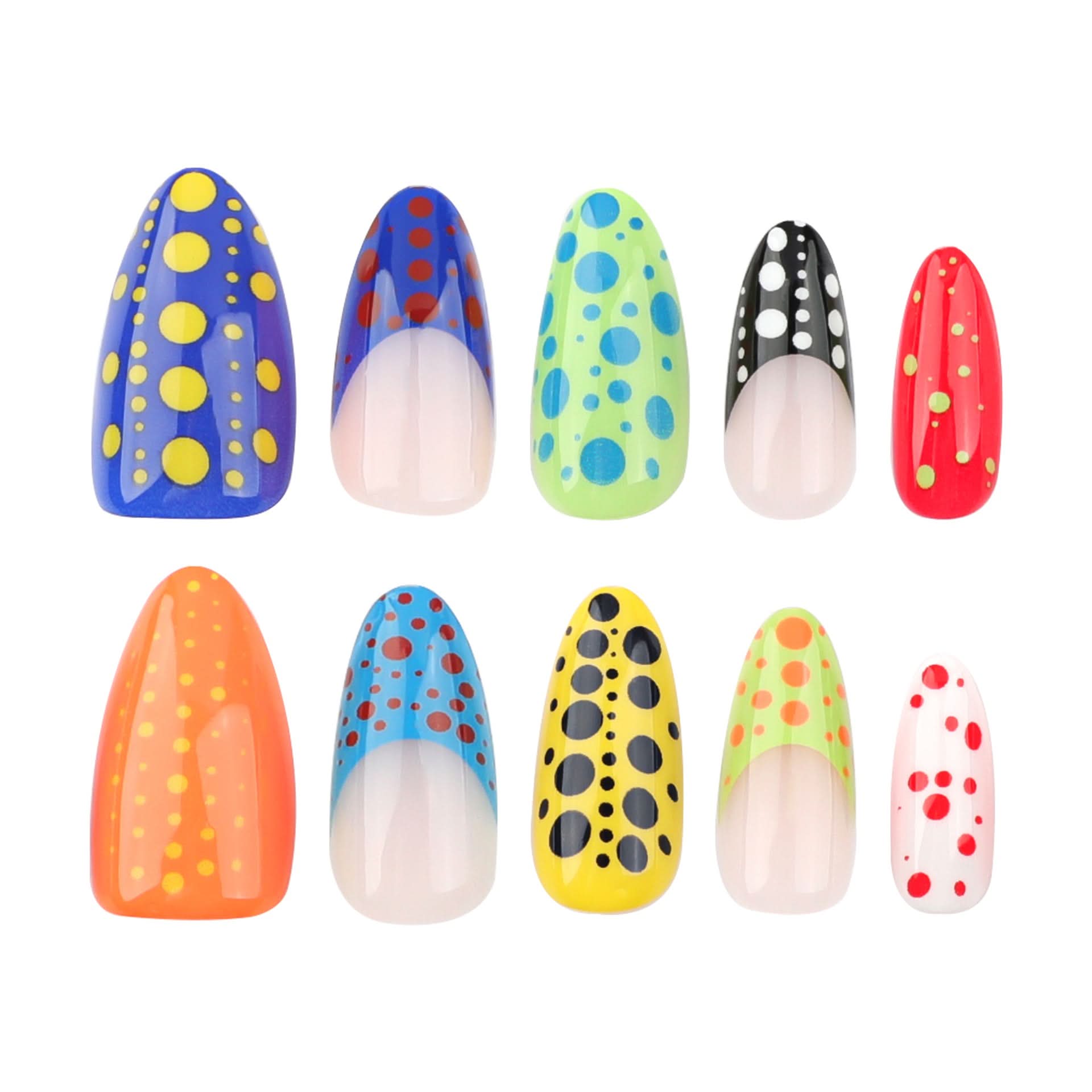 French Polka Dot Press-On Nails – Short Almond Shape, Colorful Nail Art Tips