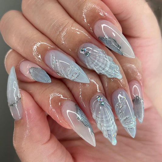 Elegant Light Blue 3D Stiletto Press-On Nails with Rhinestones – Long Acrylic False Nails