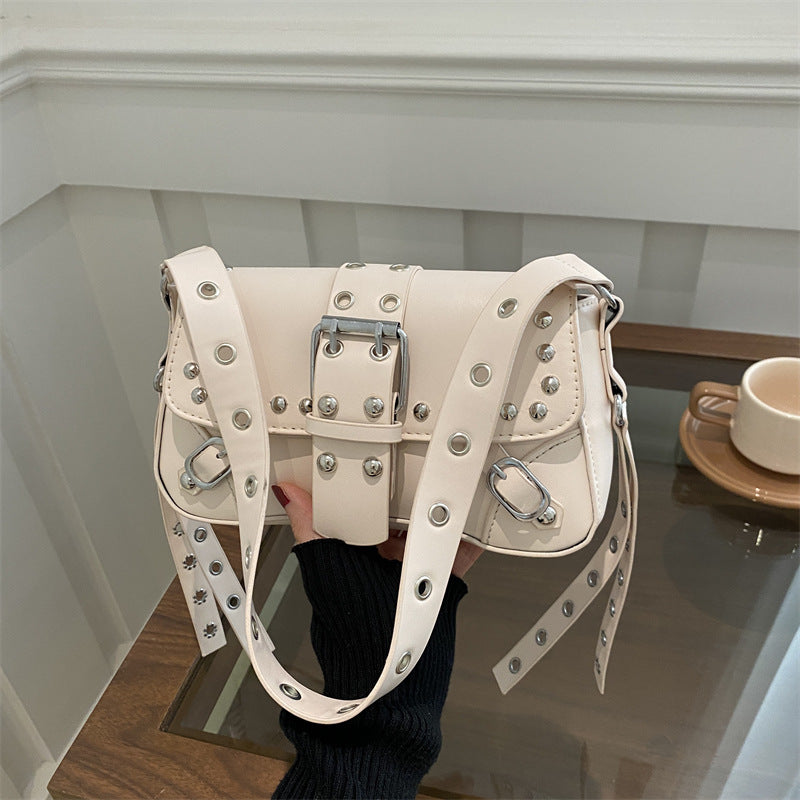 Women’s Rivet Baguette Bag – PU Leather Motorcycle Shoulder Street Style Handbag