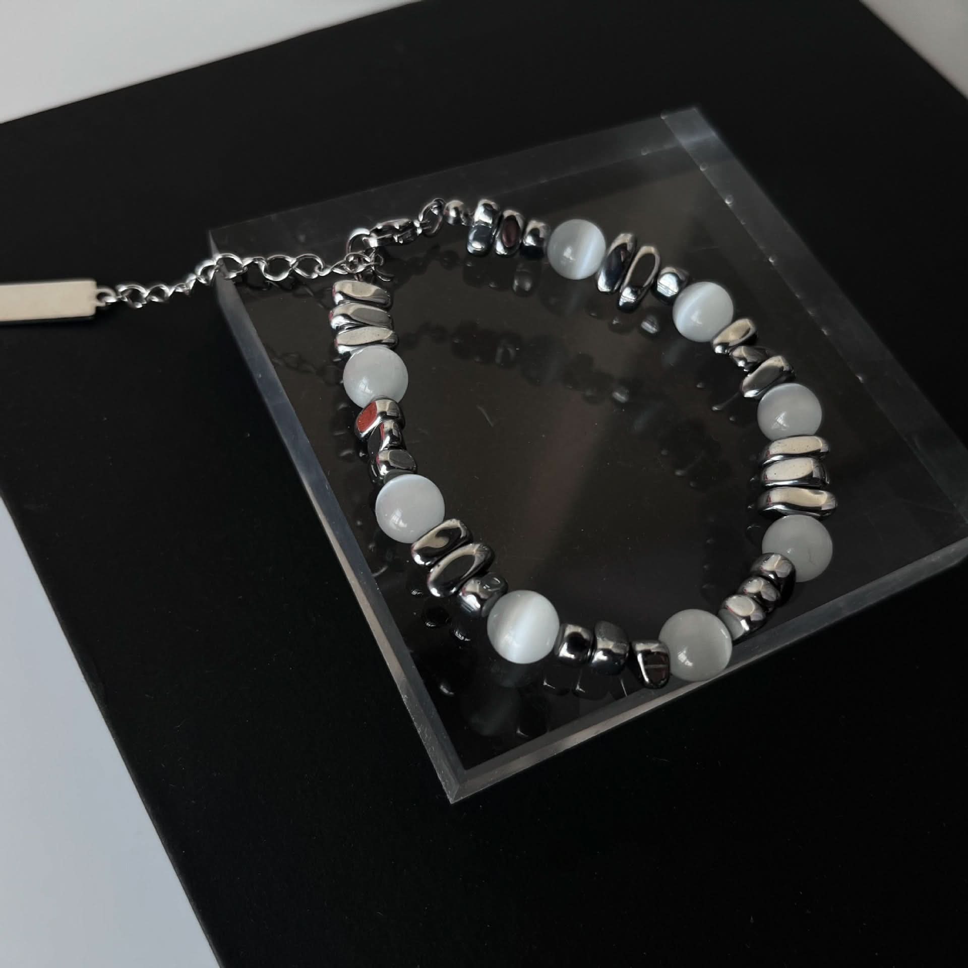 Minimalist Beaded Bracelet – Silver & White Geometric Beads