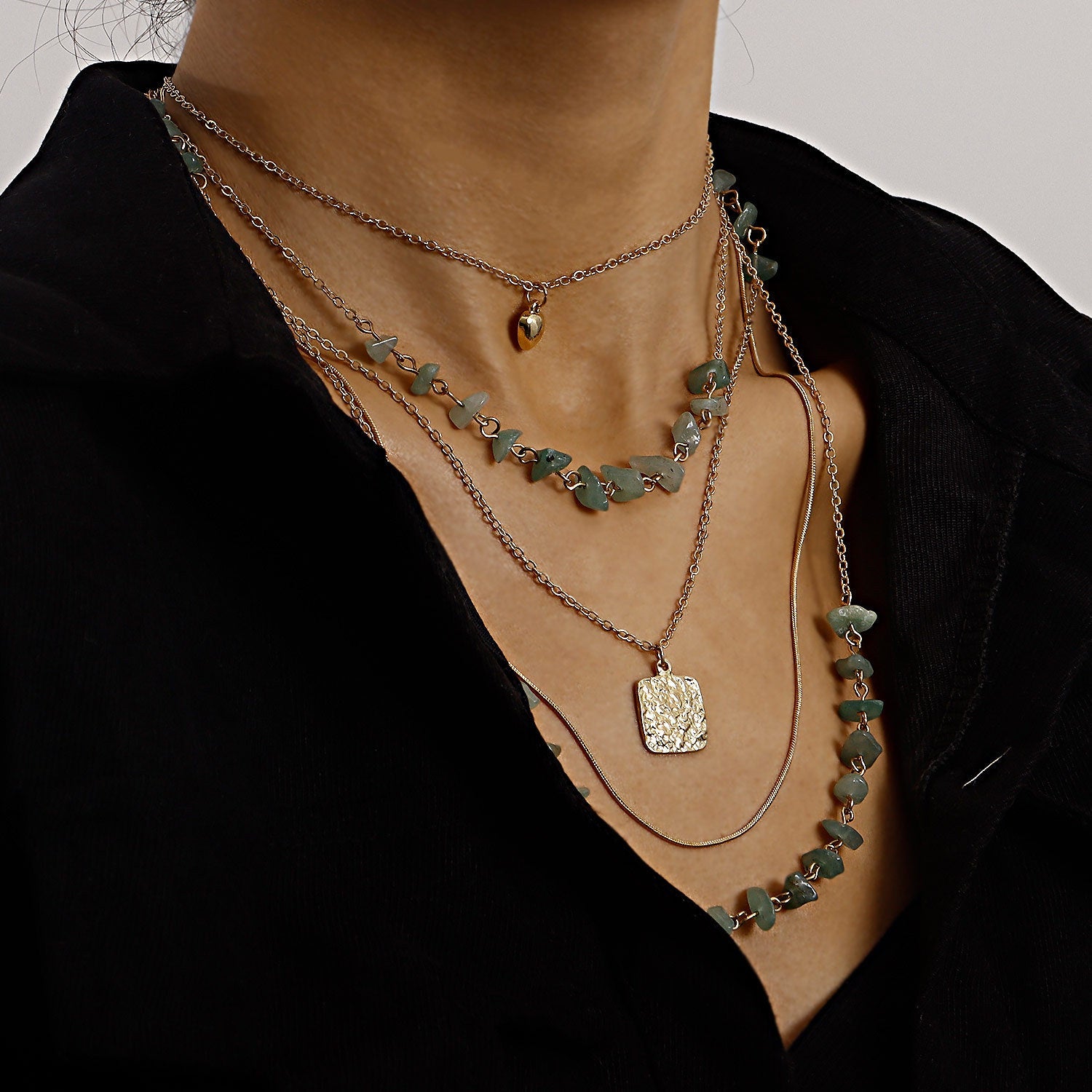 Vintage Turquoise Heart Pendant Necklace – Multi-Layer Chain Jewelry for Women