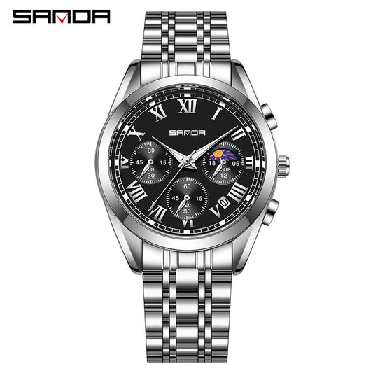 SANDA Men’s Six-Pin Quartz Watch – Stainless Steel Business Wristwatch with Calendar