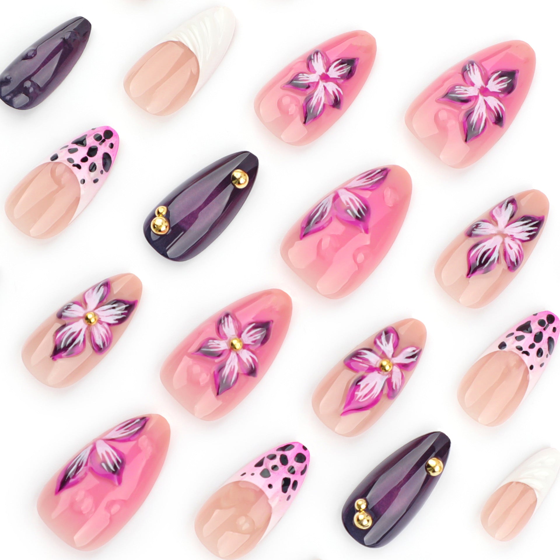 3D Floral Animal Print Press-On Nails – Long Almond Acrylic Glue-On Set