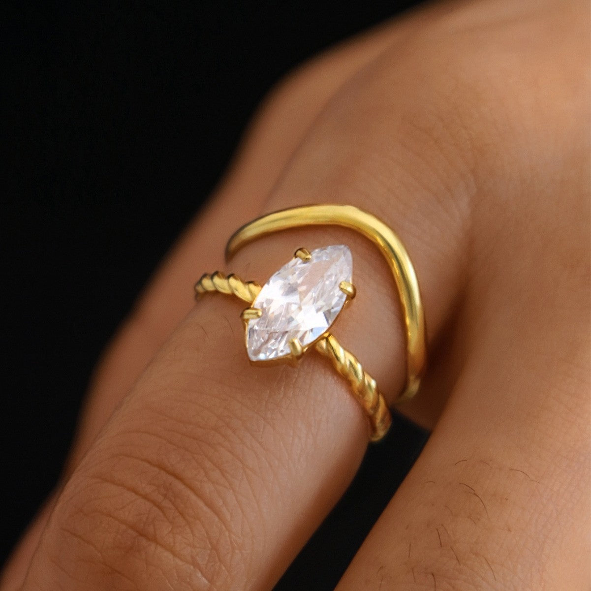 Gold Vine Twist Zircon Ring – Retro Titanium Steel Statement Ring for Women