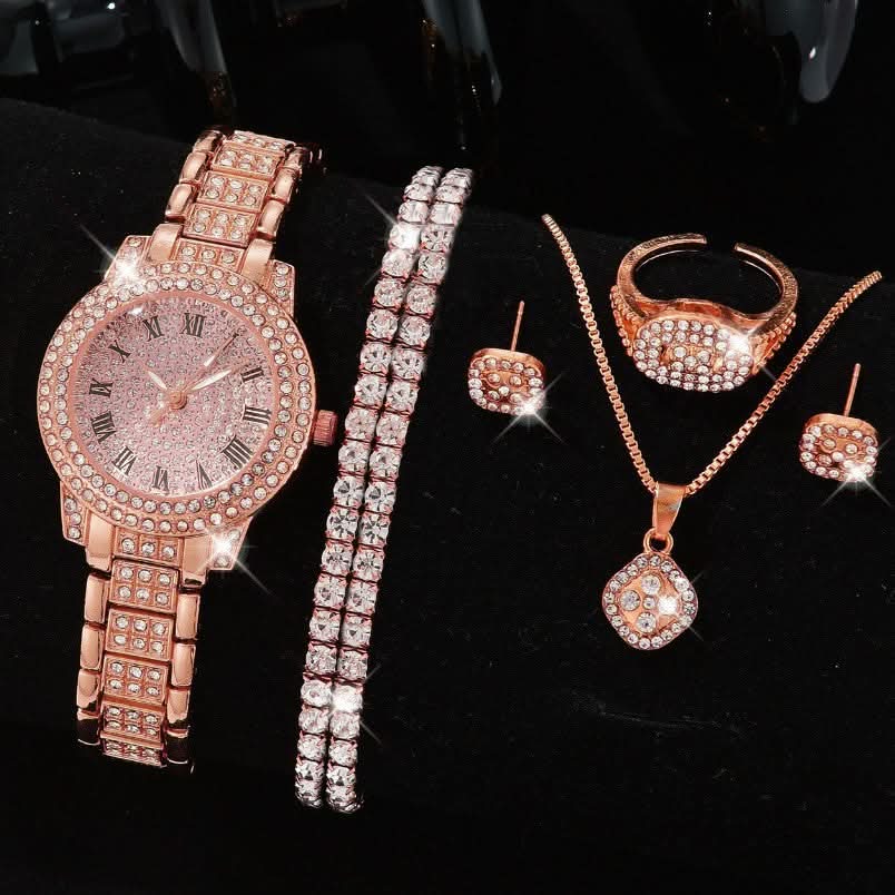 Luxury Full-Diamond Steel Quartz Watch – Roman Numerals, Hip-Hop Style Bracelet Set