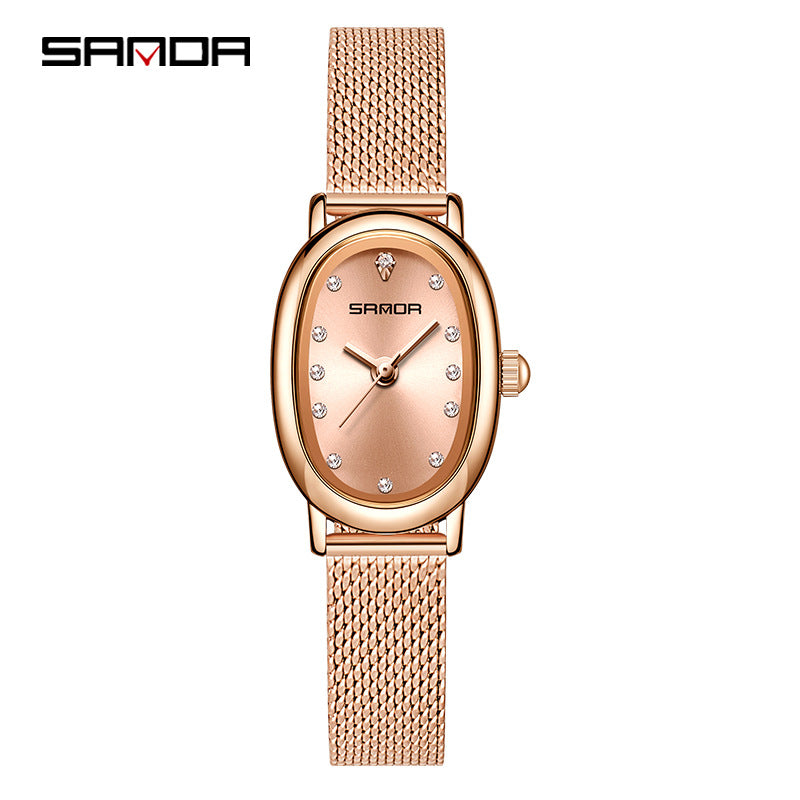 Sanda Women’s Mesh Quartz Watch – Diamond Accent Oval Dial, 30M Waterproof Casual Analog Watch