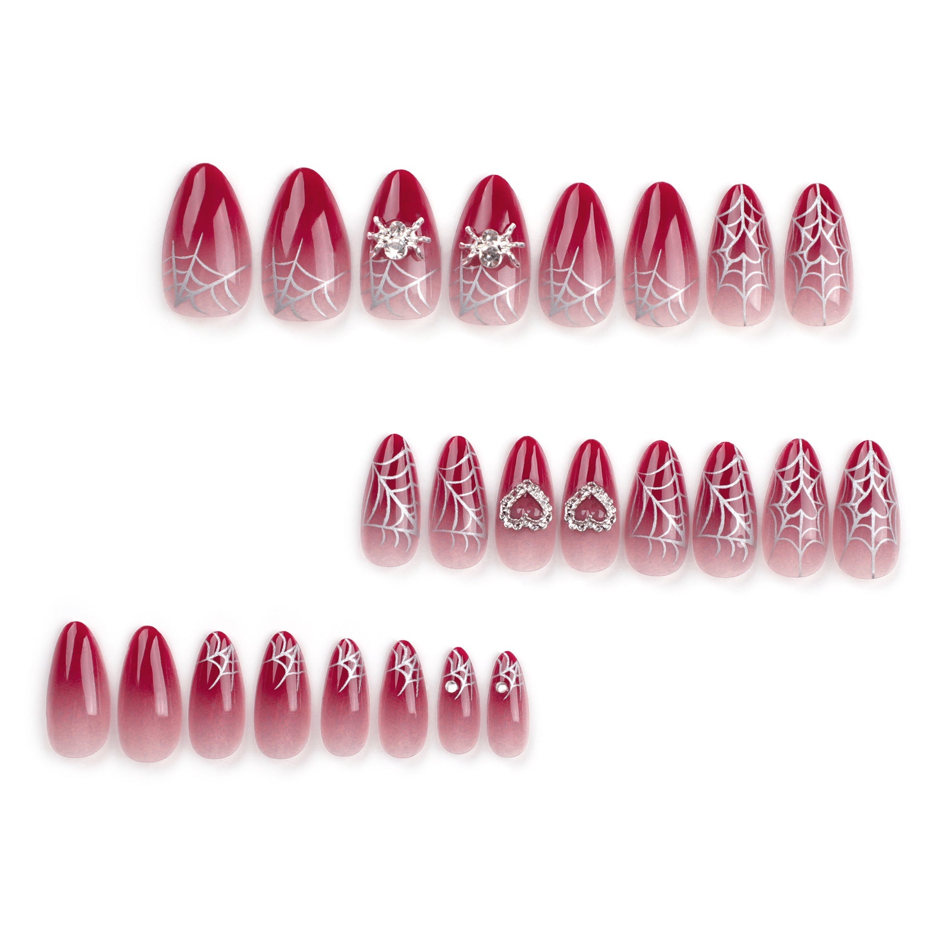 Red Ombre Spiderweb Press-On Nails – Medium Oval with Heart Rhinestones
