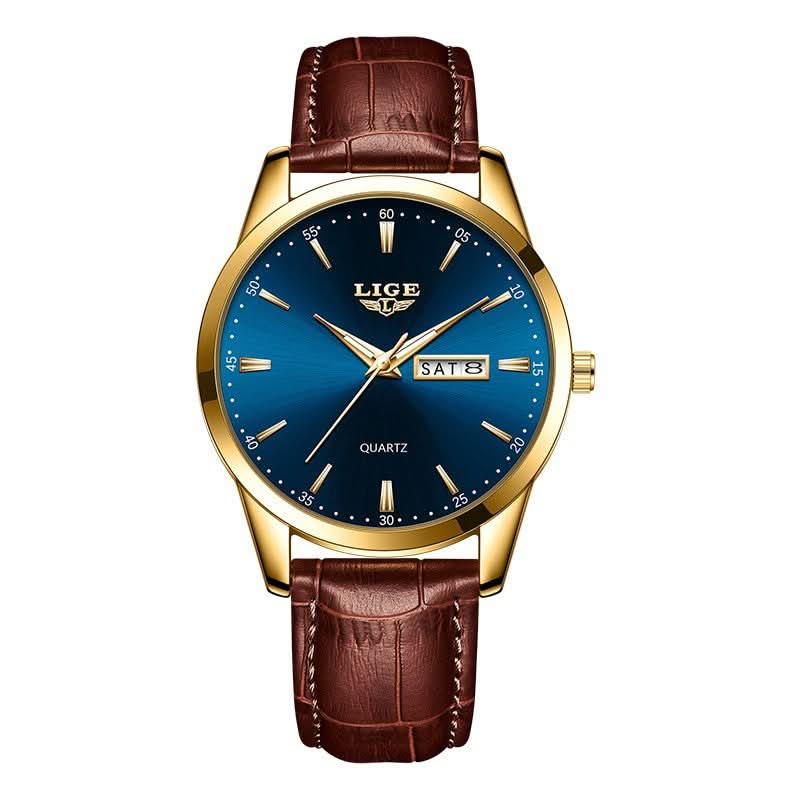 Men’s Business Quartz Watch with Dual Calendar & Luminous Hands – Leather Strap