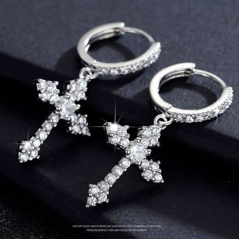 Silver Diamond Cross Earrings - Unisex