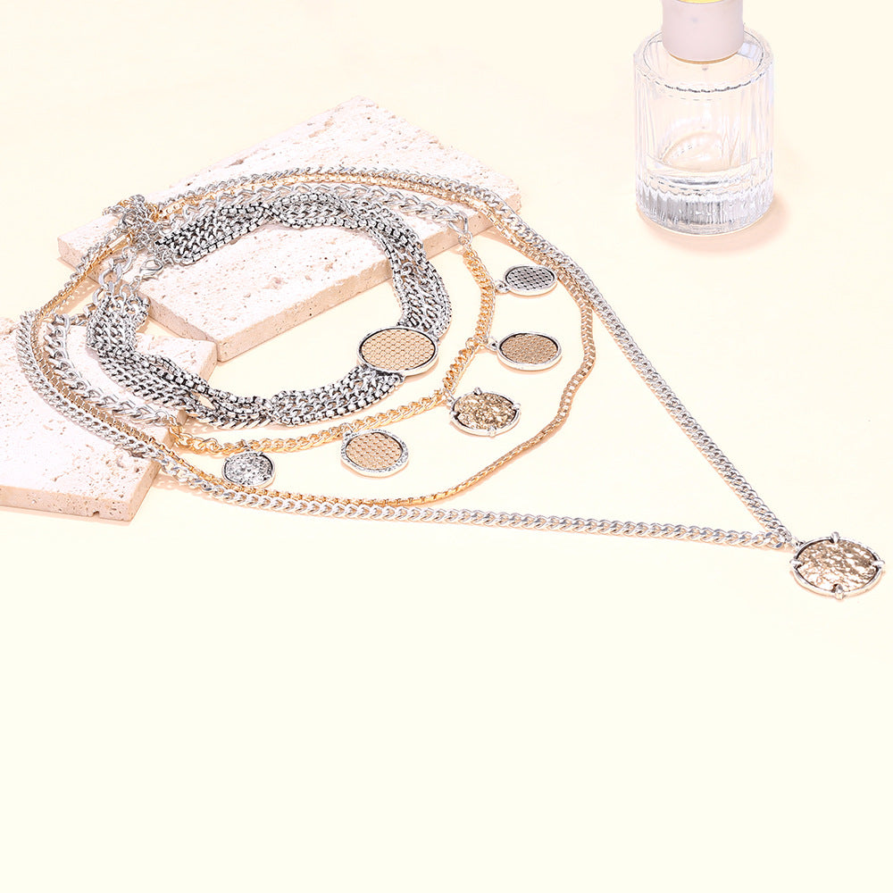 Layered Geometric Coin Pendant Necklace – Multi-Layer Statement Jewelry for Women