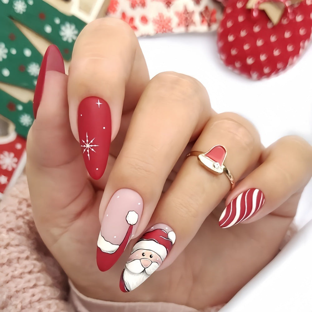 Santa Almond Press-On Nails – Medium Red Christmas Acrylic Glue-On Set