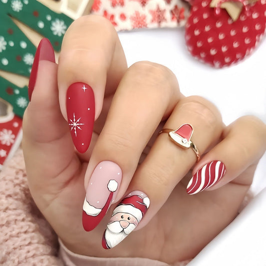 Santa Almond Press-On Nails – Medium Red Christmas Acrylic Glue-On Set