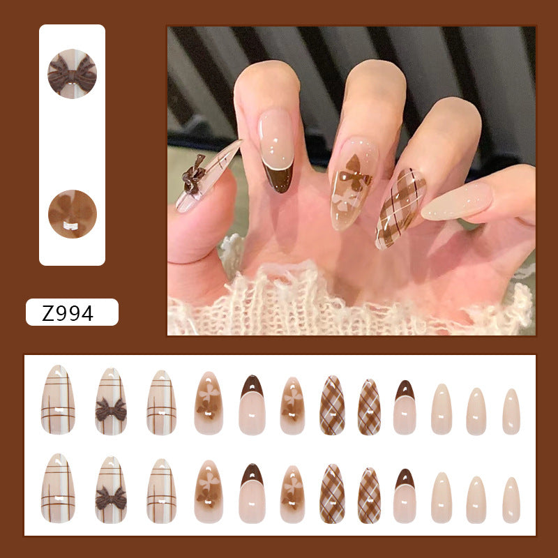 Fashionable Plaid Press-On Nails with Bow Design, Long Stiletto Acrylic Glue-On Set