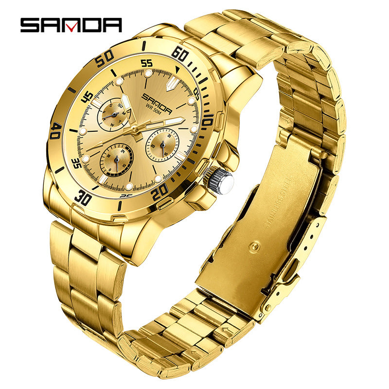SANDA Men’s Large Dial Steel Quartz Watch – Business Analog Wristwatch with Calendar