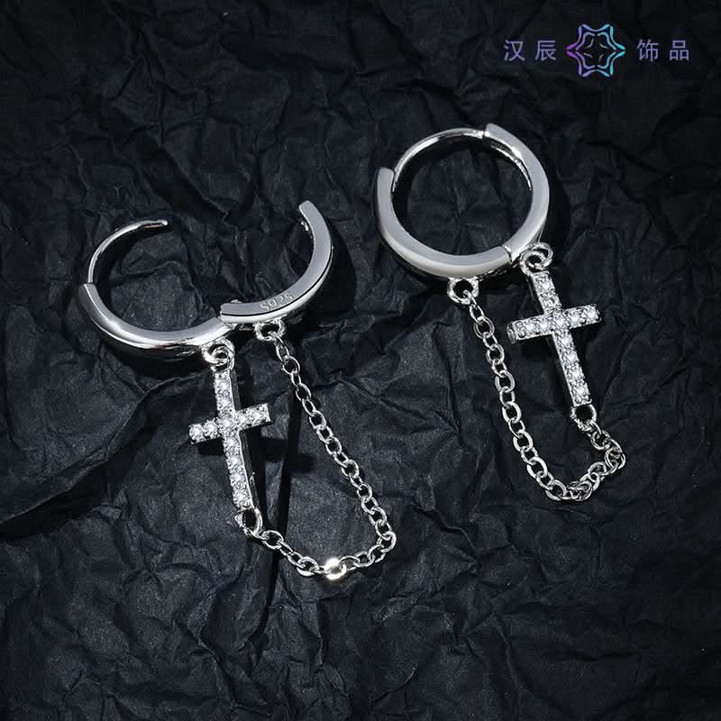 Men’s Stylish Cross Chain Earrings with Tassels – Hip-Hop Diamond Stud