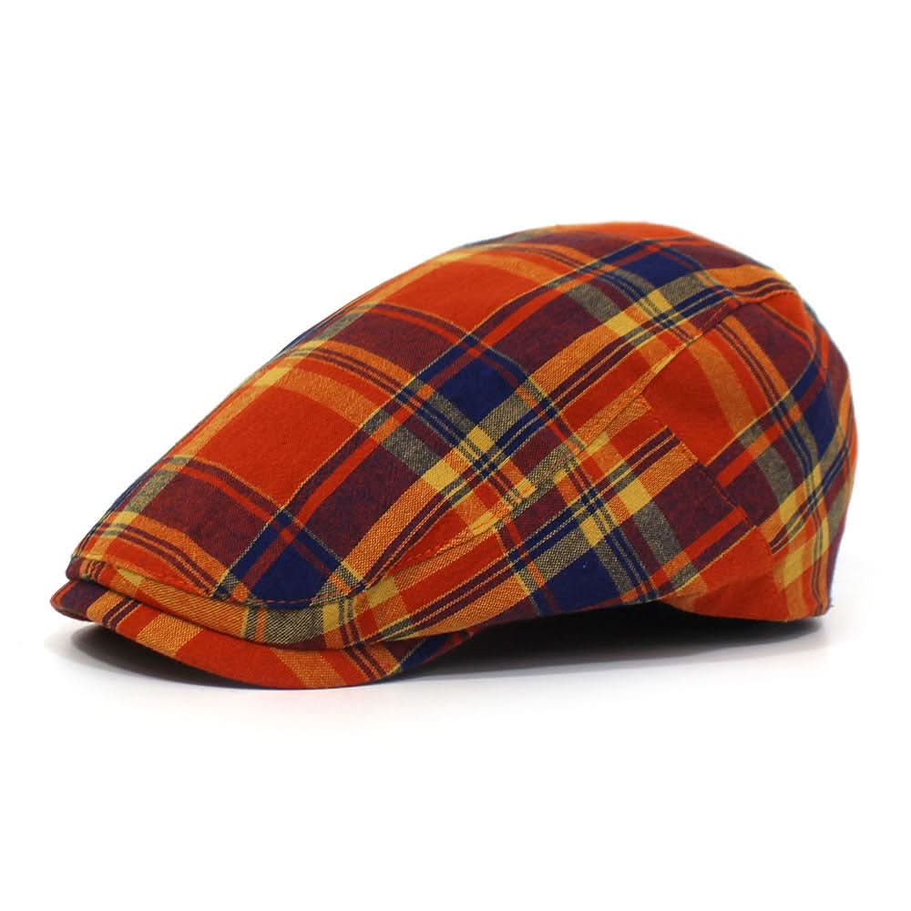 Retro Plaid Beret Hat – Unisex Cotton Duckbill Cap, Breathable Flat Top Design