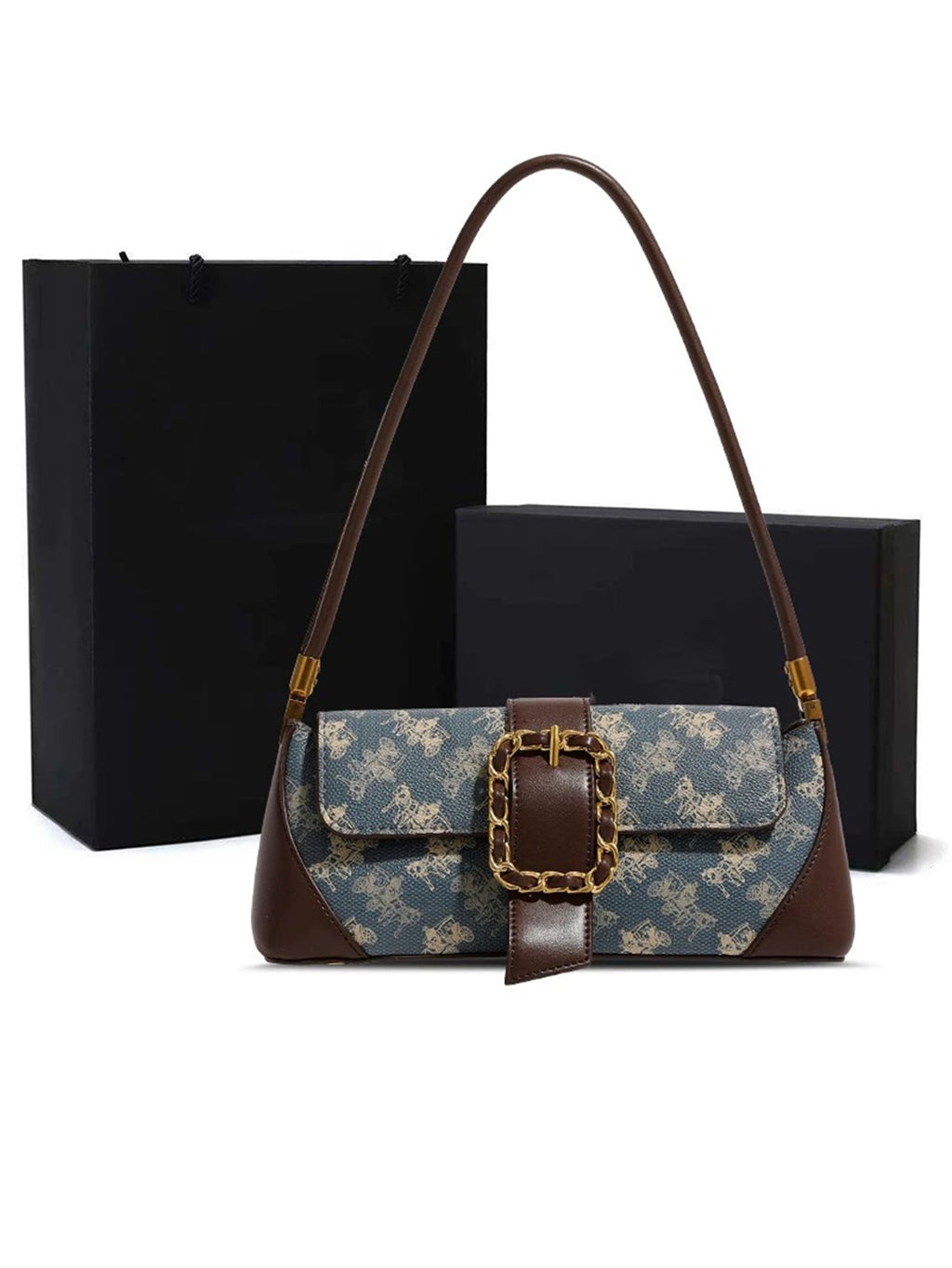 Vintage Horse & Carriage Pattern Shoulder Bag – PU Underarm Handbag for Women