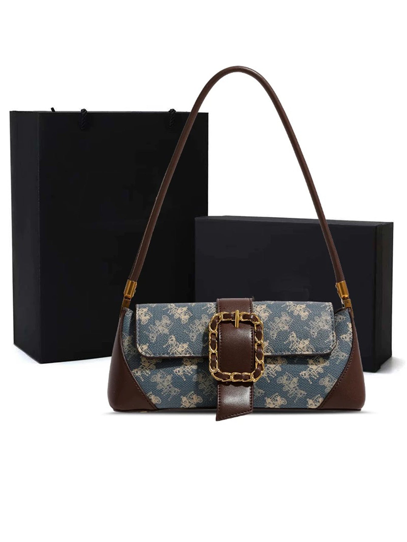 Vintage Horse & Carriage Pattern Shoulder Bag – PU Underarm Handbag for Women