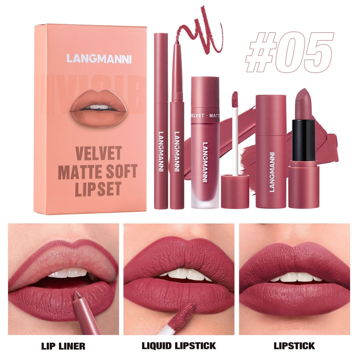 LANGMANNI 3-Piece Lip Kit – Matte Liquid Lipstick & Lip Liner Set