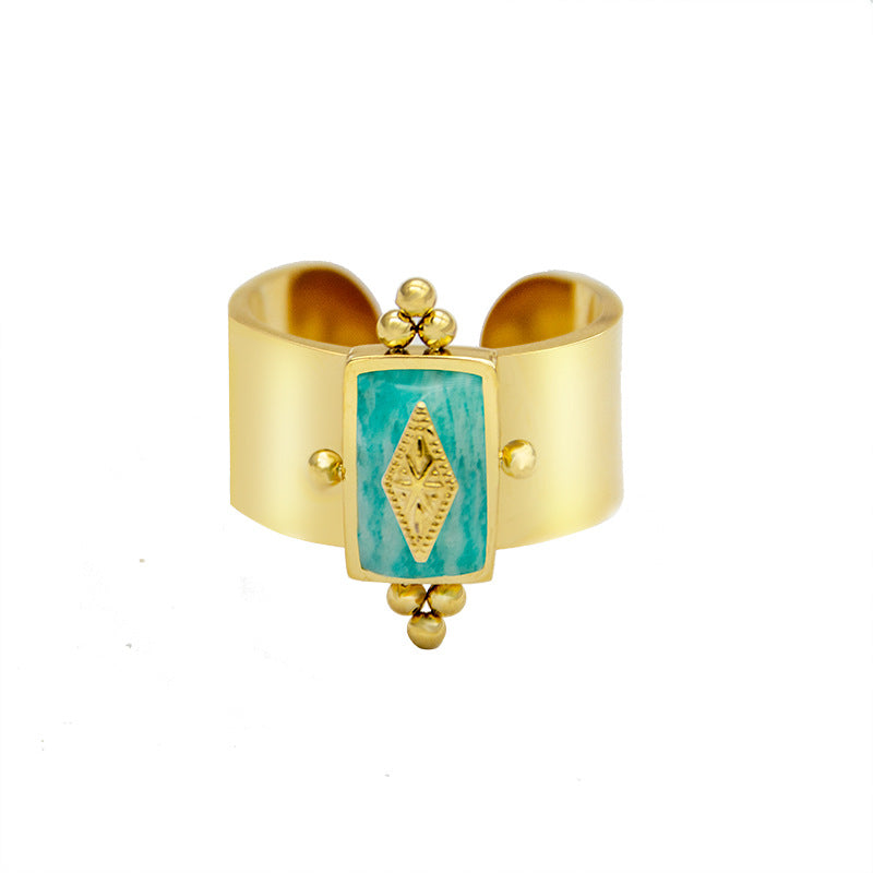 Gold Geometric Stone Ring for Women – Adjustable Retro Titanium Steel Jewelry