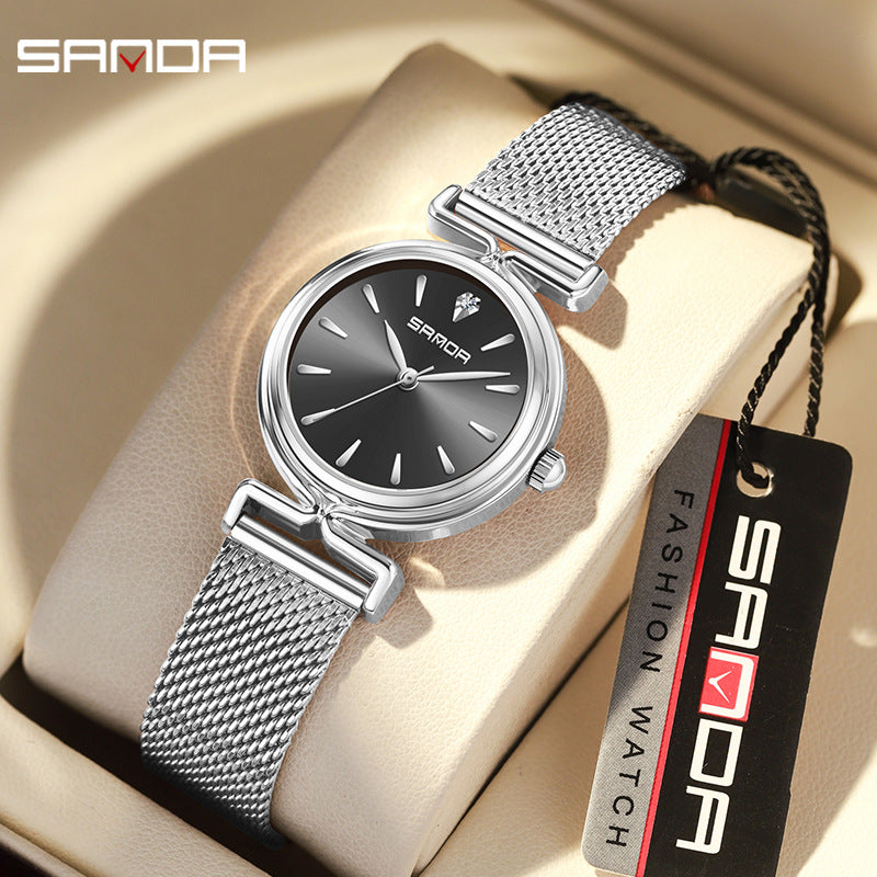 Sanda Women’s Mesh Quartz Watch – Round Dial, Waterproof Stainless Steel Analog Watch