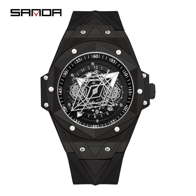 SANDA Luminous Men’s Quartz Watch – Fashion Hollow Dial Silicone Strap Watch