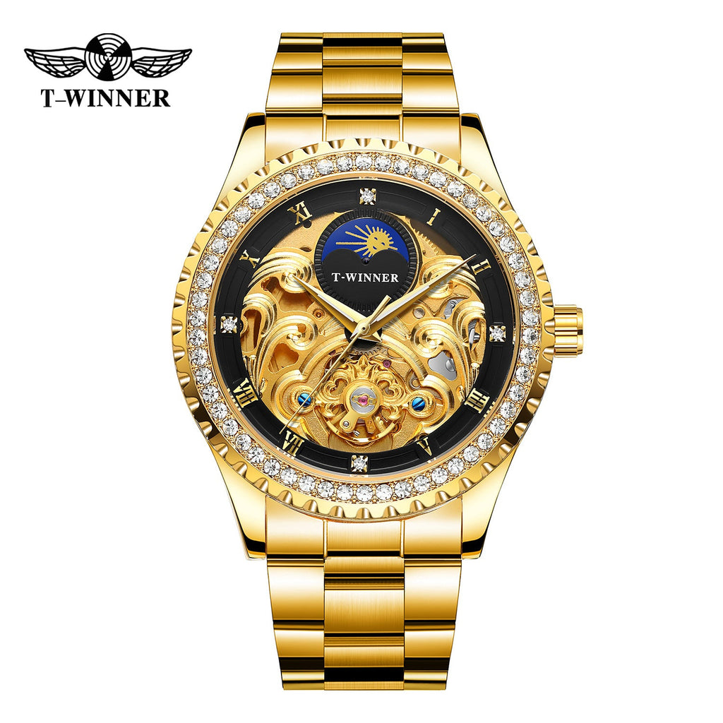 T-Winner Men’s Skeleton Automatic Mechanical Watch – Rhinestone Bezel, Fashion Timepiece