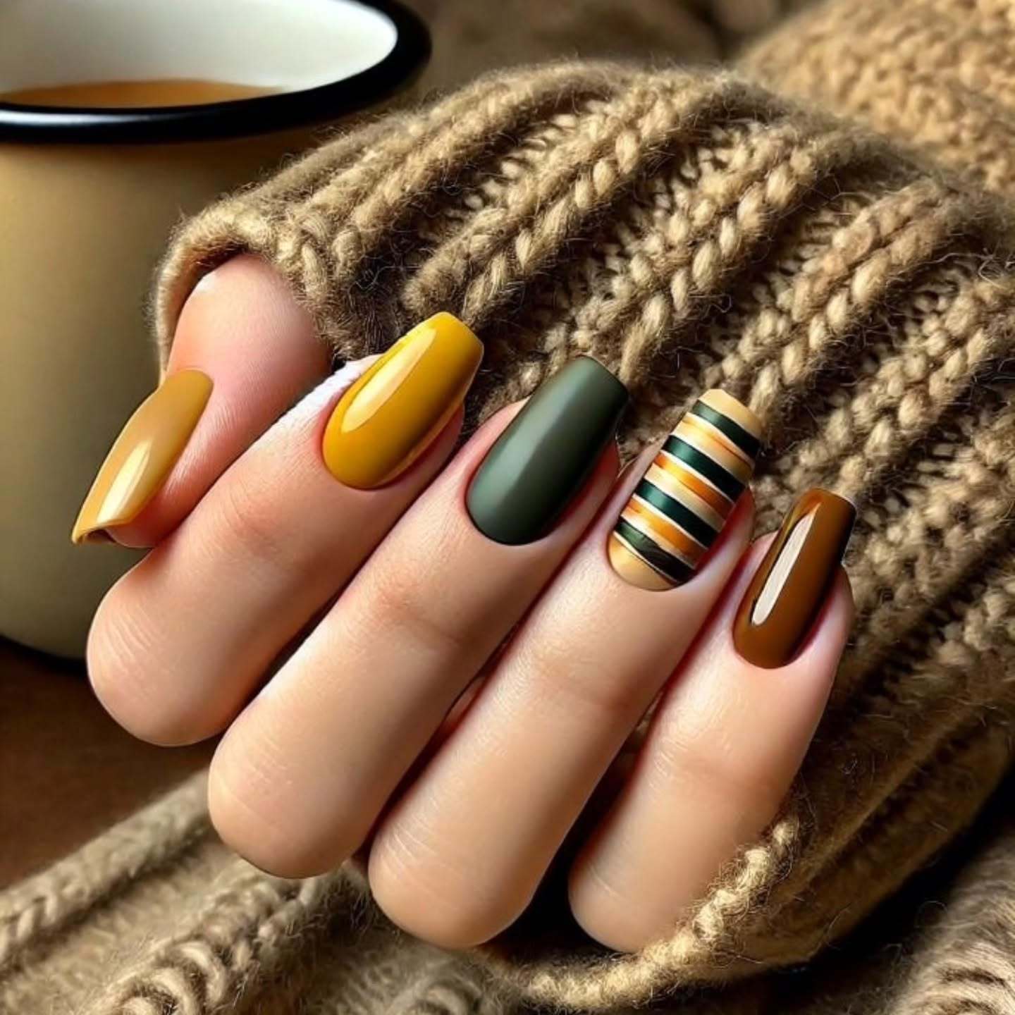 Chic Almond Press-On Nails – Medium Striped Design Glue-On False Nails