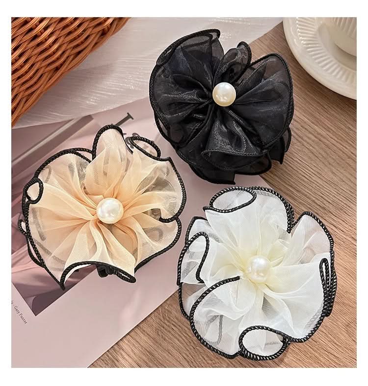 Set of 3 Women’s Flower Bud Hair Clips – Elegant Mesh Bun & Bead Shark Clips for Half-Up Hairstyles