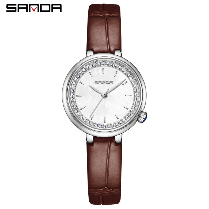 Sanda Women’s Leather Quartz Watch – Diamond Accent Small Dial, Waterproof Analog Watch