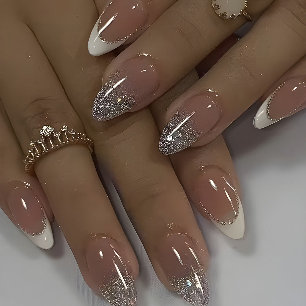 French Tip Press-On Nails with Glitter Gradient, Medium Almond Acrylic Glue-On Set