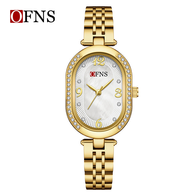 OFNS Diamond Oval Quartz Watch – Waterproof Fashion Watch for Women with Steel Strap