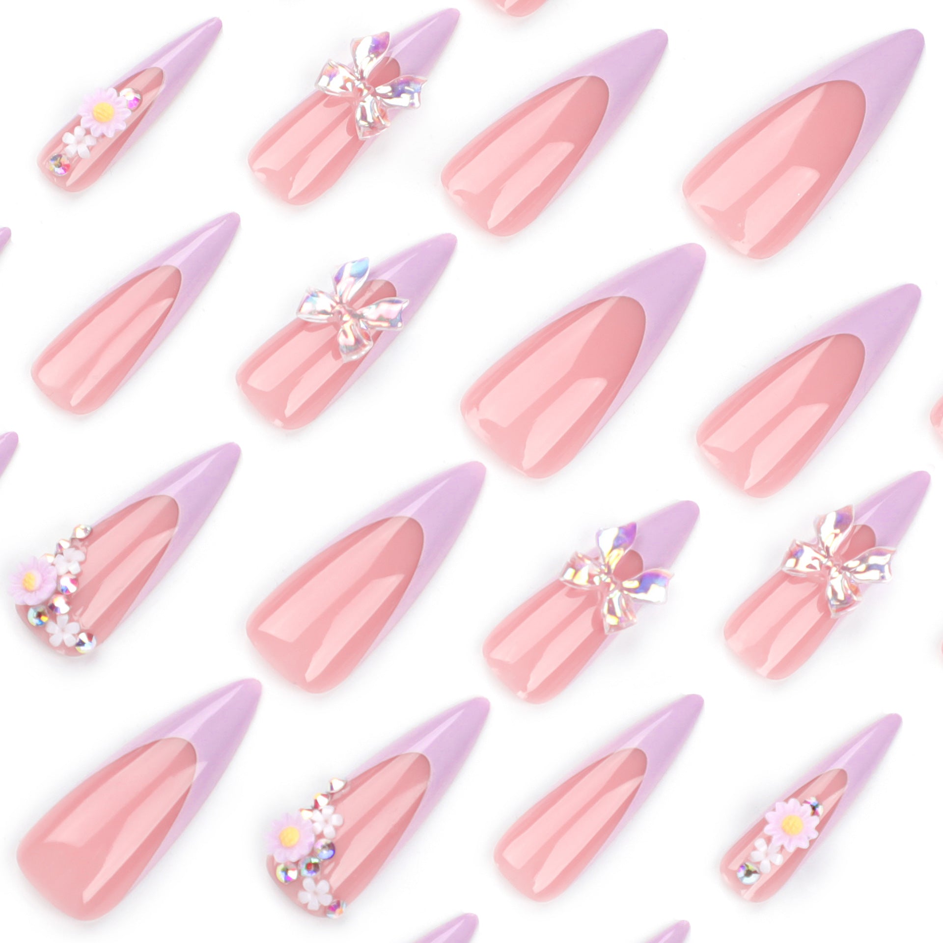 Extra Long Stiletto Press-On Nails – Pink French Tip with 3D Bows & Floral Accents
