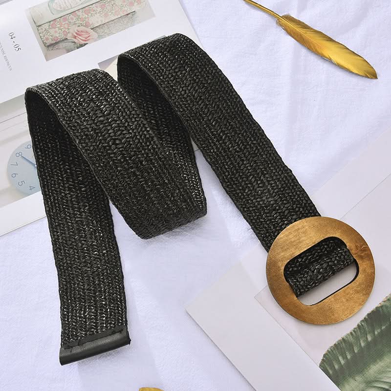 Women's Woven Elastic Belt – Stretch Waistband with Wooden Buckle